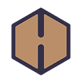 Hexagonal logo with brown and black design.