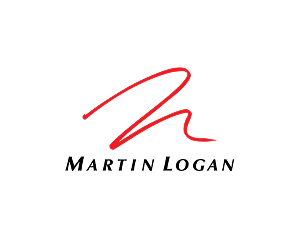 Martin Logan logo with red abstract design.