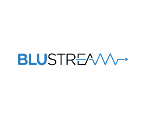 BLUSTREAM logo with blue waveform arrow.
